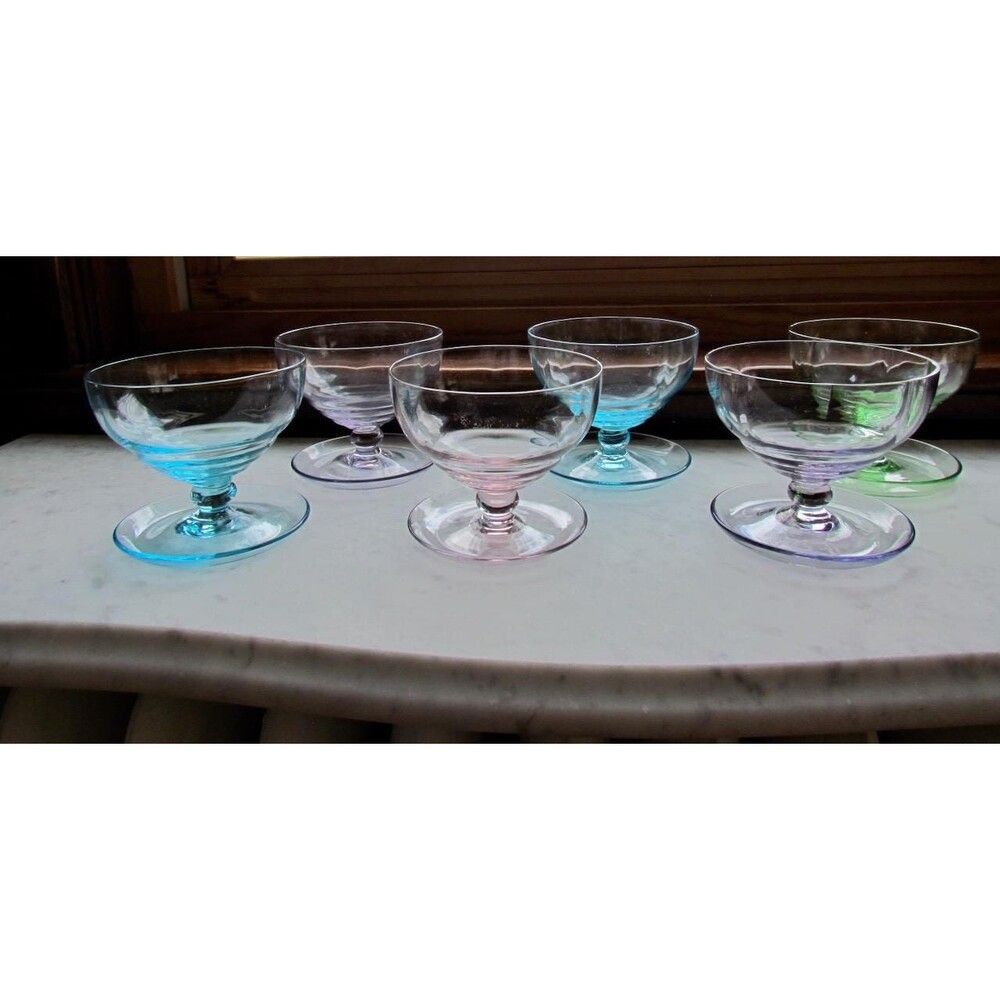 Art Deco Glass Sundae Set: Vintage Footed Dessert Bowls, Colorful Fused Glass